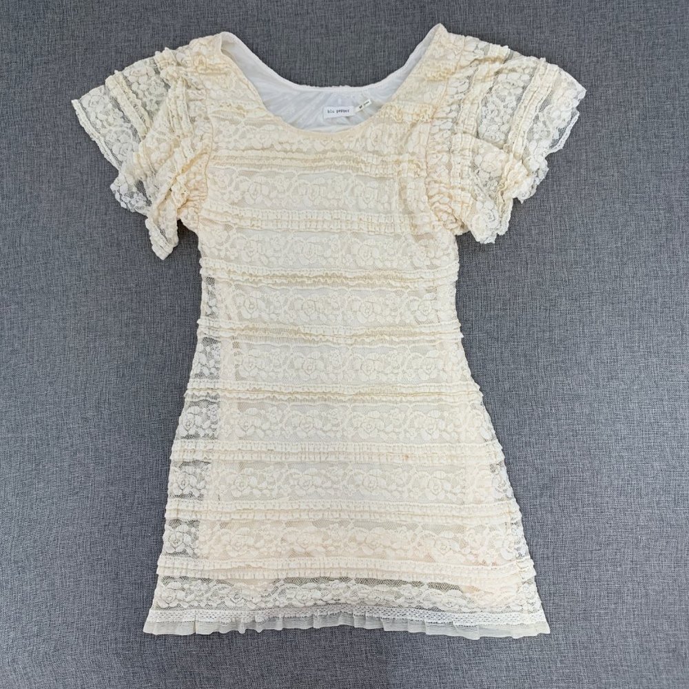 Blu Pepper Bodycon‎ Lace Dress Cream Ivory Pleated Sleeves Medium Round Neckline